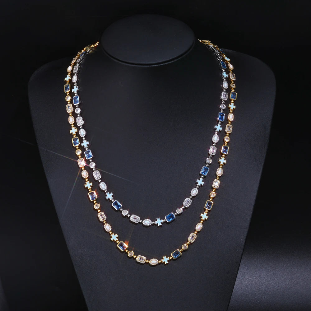 ESKEEM 6mm Geometric Blue Gemstone Necklace Oil Drip Cross Pendant Iced Out CZ Stones Opal Chain Hip Hop Jewelry Men Women Gift