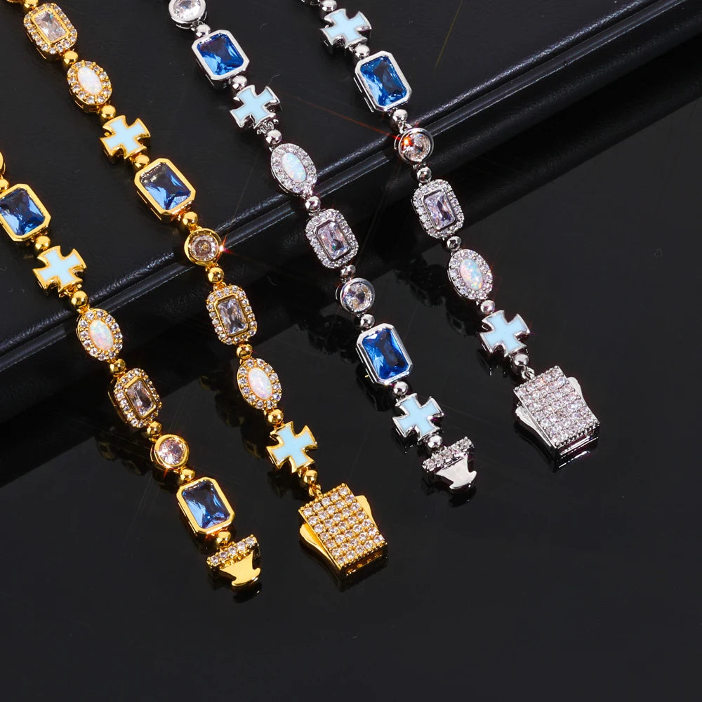 ESKEEM 6mm Geometric Blue Gemstone Necklace Oil Drip Cross Pendant Iced Out CZ Stones Opal Chain Hip Hop Jewelry Men Women Gift