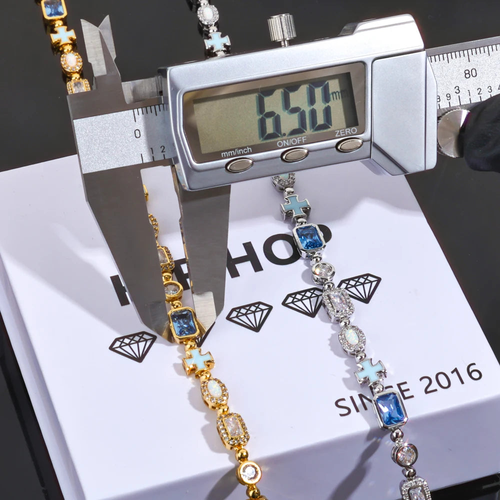 ESKEEM 6mm Geometric Blue Gemstone Necklace Oil Drip Cross Pendant Iced Out CZ Stones Opal Chain Hip Hop Jewelry Men Women Gift