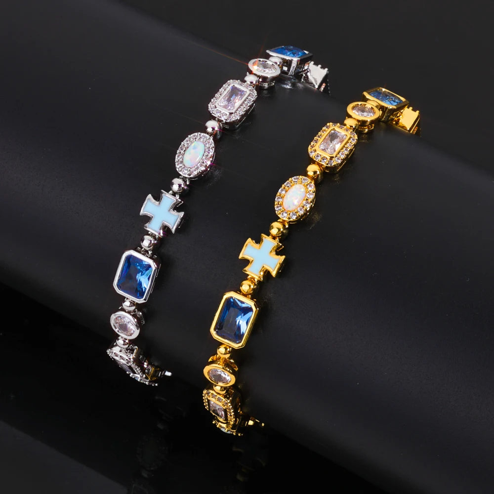 ESKEEM 6mm Geometric Blue Gemstone Necklace Oil Drip Cross Pendant Iced Out CZ Stones Opal Chain Hip Hop Jewelry Men Women Gift