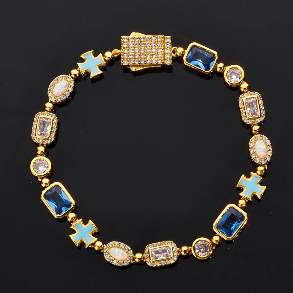ESKEEM 6mm Geometric Blue Gemstone Necklace Oil Drip Cross Pendant Iced Out CZ Stones Opal Chain Hip Hop Jewelry Men Women Gift