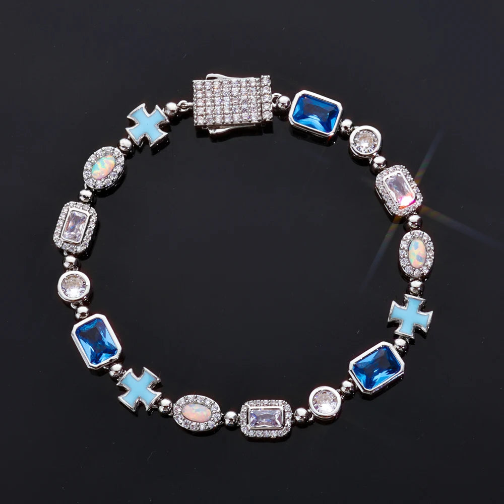 ESKEEM 6mm Geometric Blue Gemstone Necklace Oil Drip Cross Pendant Iced Out CZ Stones Opal Chain Hip Hop Jewelry Men Women Gift