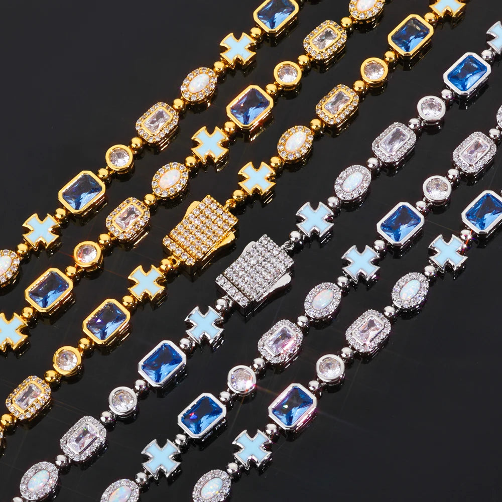 ESKEEM 6mm Geometric Blue Gemstone Necklace Oil Drip Cross Pendant Iced Out CZ Stones Opal Chain Hip Hop Jewelry Men Women Gift