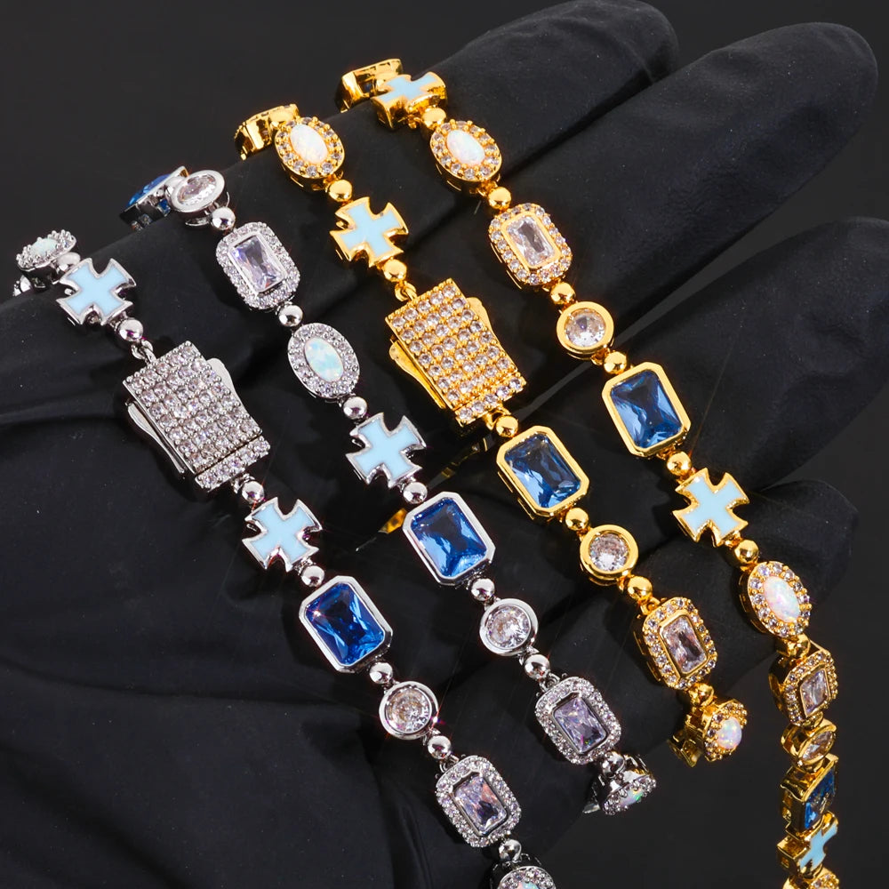ESKEEM 6mm Geometric Blue Gemstone Necklace Oil Drip Cross Pendant Iced Out CZ Stones Opal Chain Hip Hop Jewelry Men Women Gift