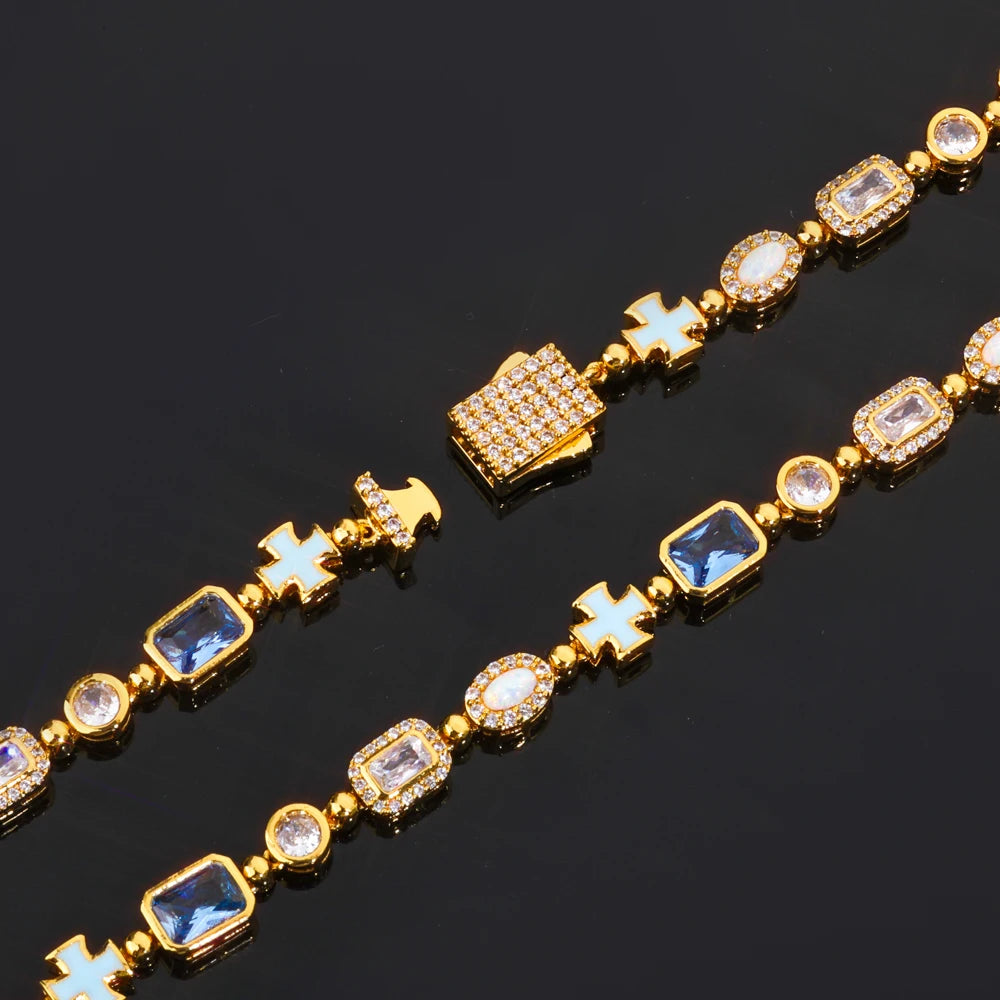 ESKEEM 6mm Geometric Blue Gemstone Necklace Oil Drip Cross Pendant Iced Out CZ Stones Opal Chain Hip Hop Jewelry Men Women Gift