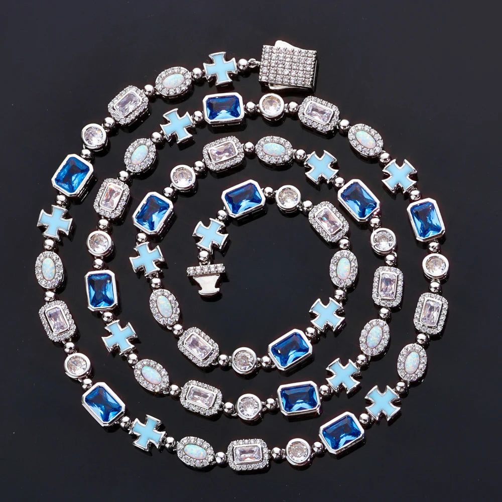 ESKEEM 6mm Geometric Blue Gemstone Necklace Oil Drip Cross Pendant Iced Out CZ Stones Opal Chain Hip Hop Jewelry Men Women Gift