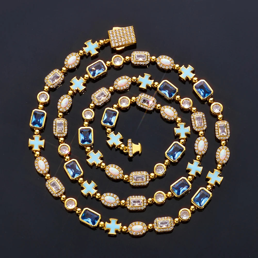ESKEEM 6mm Geometric Blue Gemstone Necklace Oil Drip Cross Pendant Iced Out CZ Stones Opal Chain Hip Hop Jewelry Men Women Gift